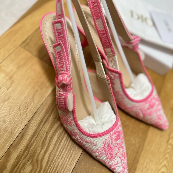 NEW DIOR J'ADIOR SLINGBACK PUMP EMBROIDERED COTTON PINK Toile De Jouy 37.5 7.5 - Picture 7 of 9